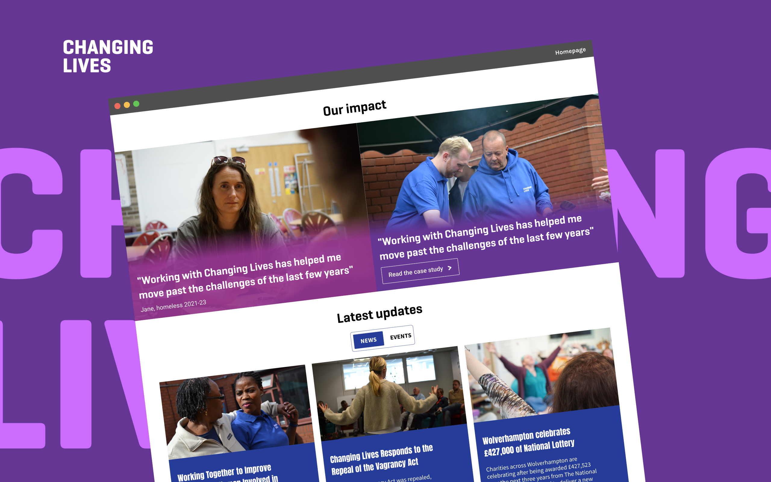 Changing Lives website showing impact stories and latest news and updates.