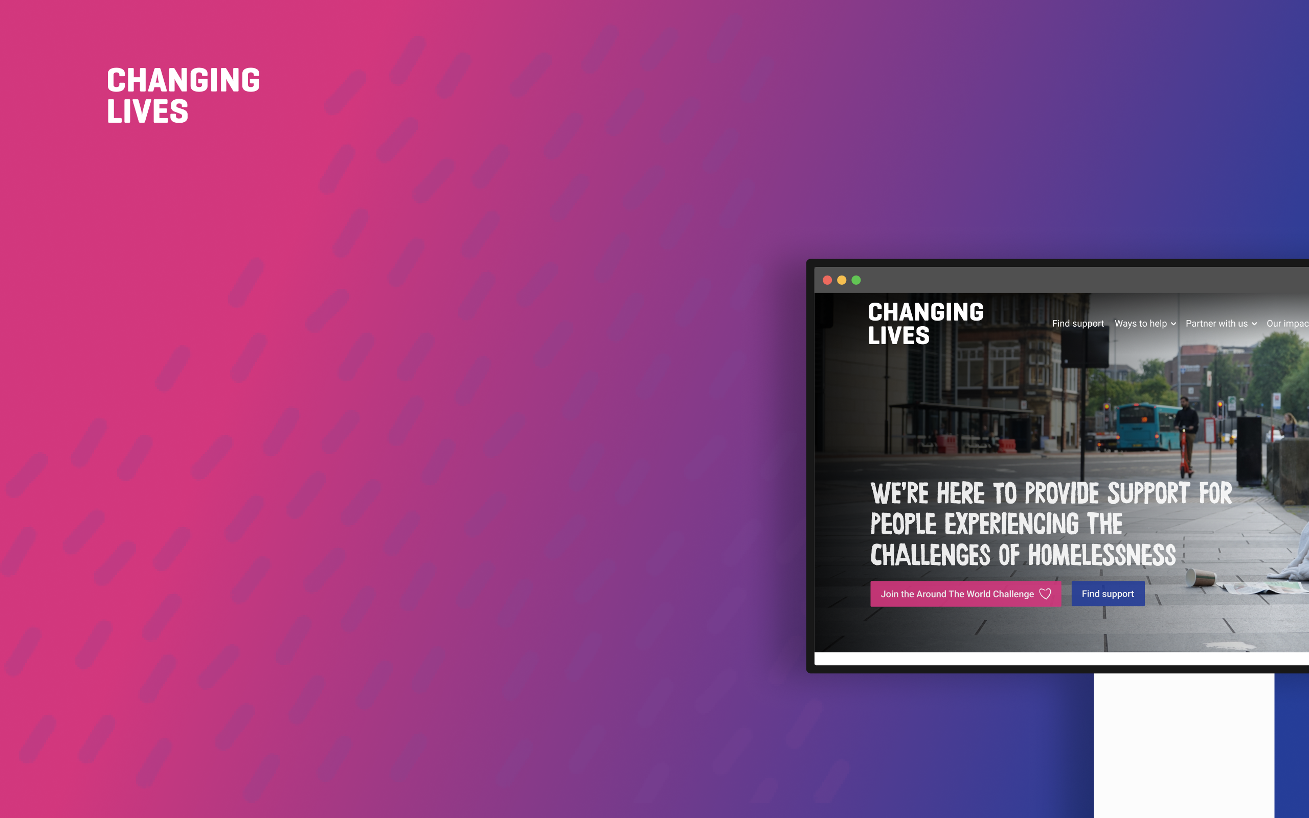 Changing Lives website homepage shown on desktop, featuring clear routes to find support and get involved.