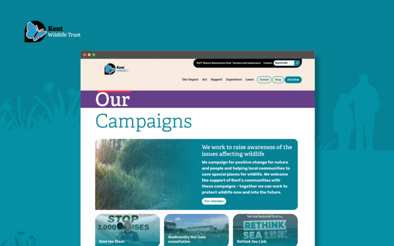 A screenshot of the Kent Wildlife Trust website showing the 'Our Campaigns' page, featuring navigation links, a nature image with campaign text, and campaign cards including 'Save the Blean', 'Biodiversity Net Gain consultation', and 'Rethink Sea Link'.