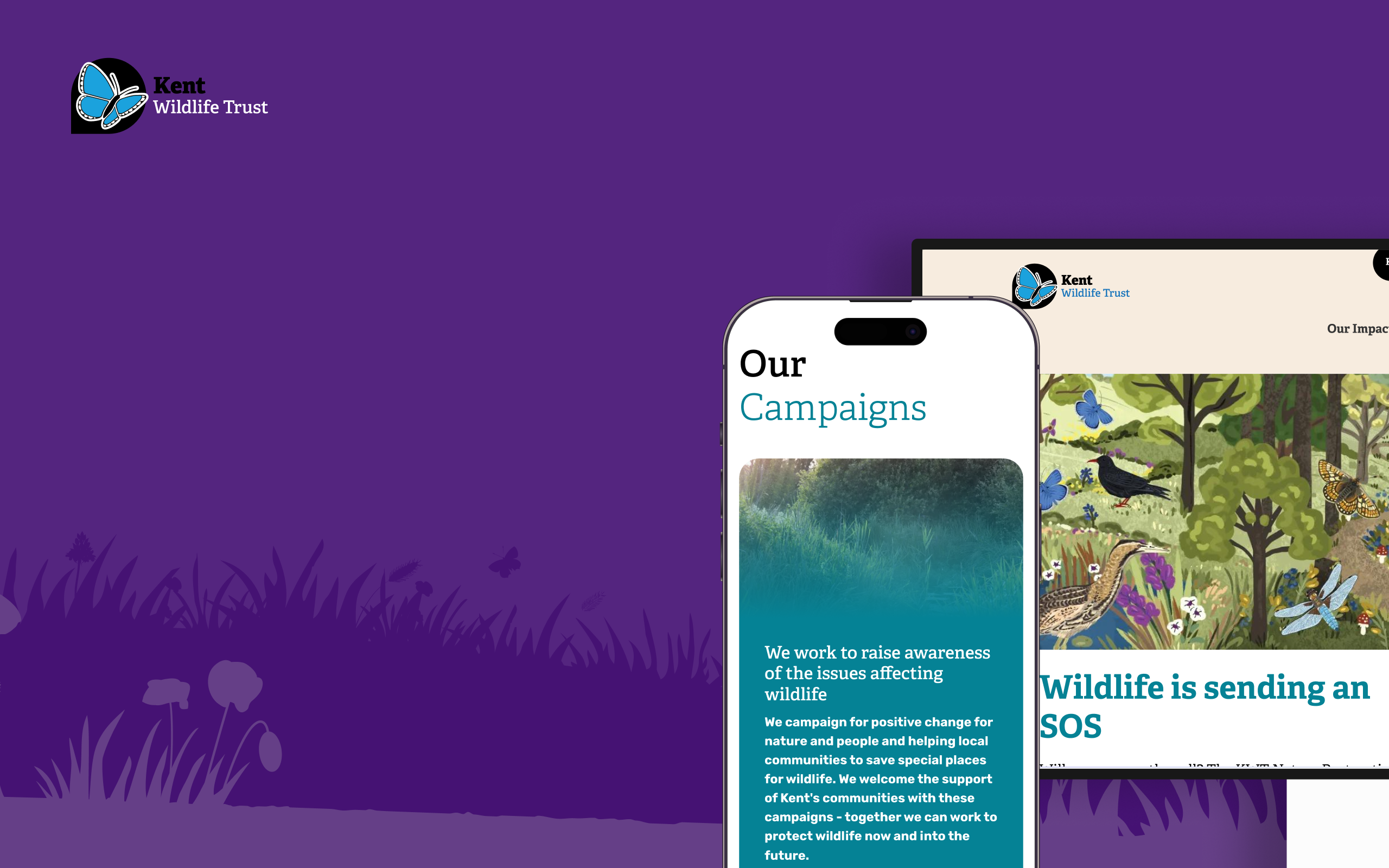 A mockup of the Kent Wildlife Trust website displayed on a smartphone and tablet, showcasing the 'Our Campaigns' page against a purple branded background.
