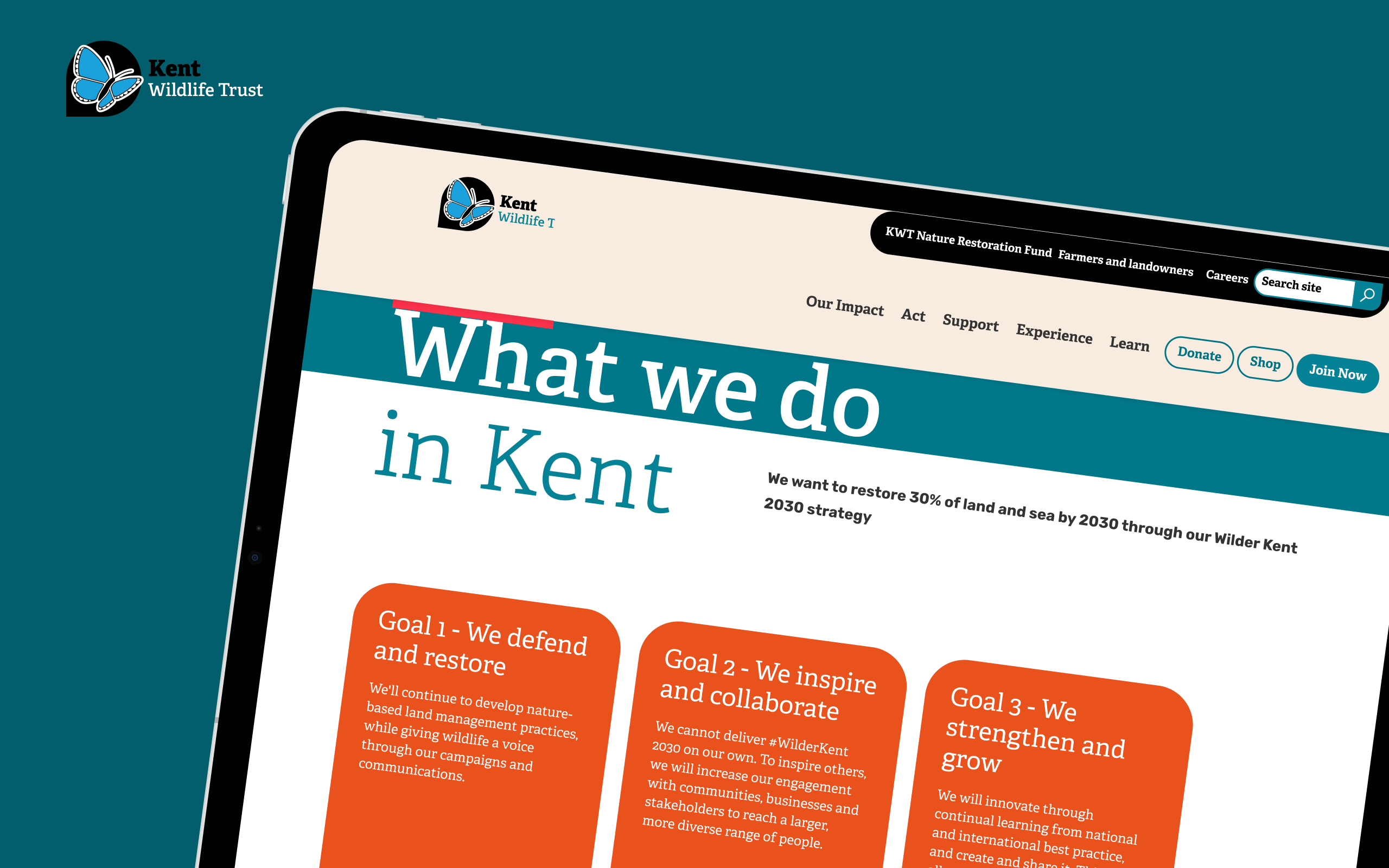 A tablet mockup displaying the Kent Wildlife Trust website, showing their 'What we do in Kent' page with three goals for restoring 30% of land and sea by 2030 through their Wilder Kent strategy.